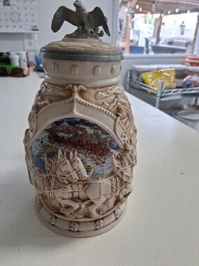 Vintage Ceramic Budweiser Relief Beer Stein in Cream with Bronze Accent